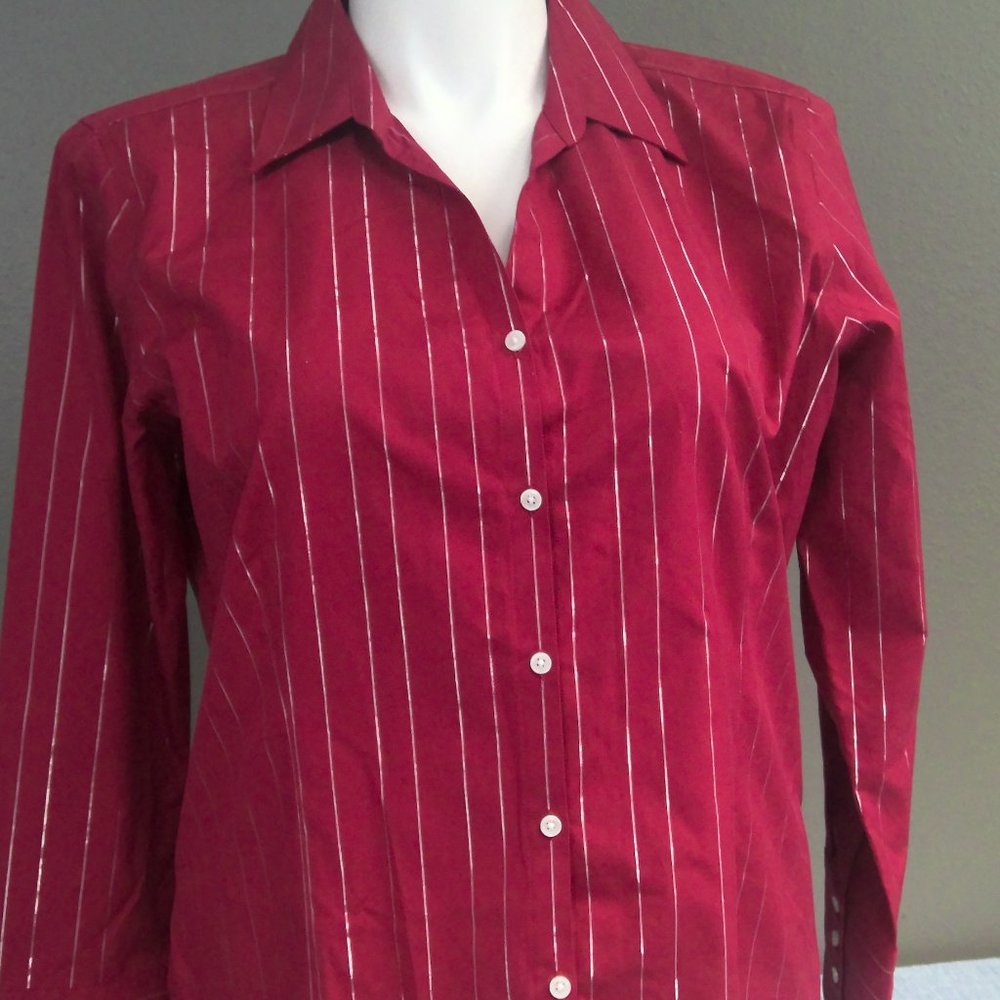 Eddie Bauer Red Striped Shirt Long Sleeve Button Up Women's XL